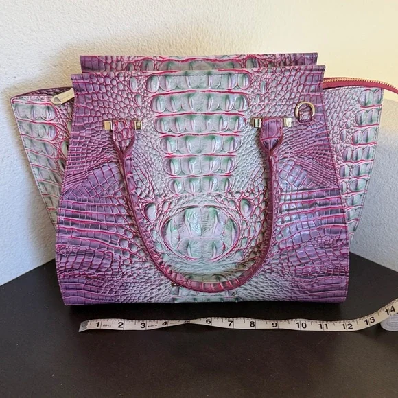 Brahmin Priscilla Melbourne in Julep Pink & Green Croc-Embossed Satchel. - Picture 11 of 16